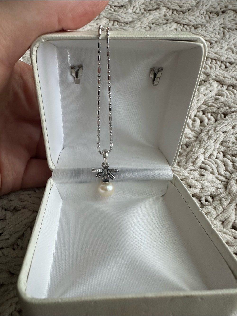 Pandora Drop Pearl Bow Necklace